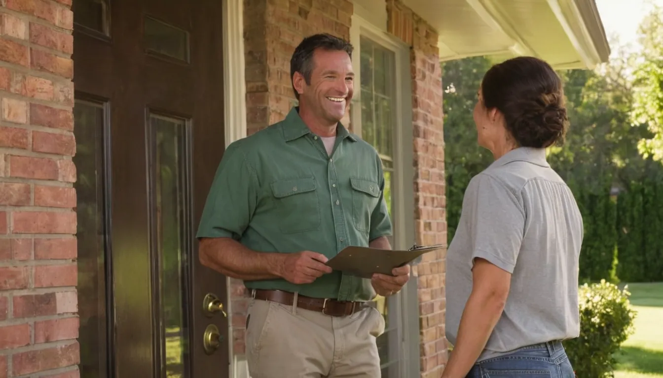 A friendly pest control provider talking with a homeowner at the front door of a brick ranch home in Arlington