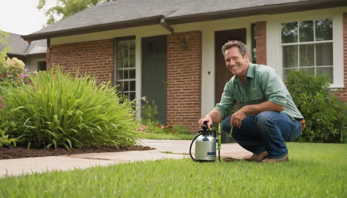 A friendly pest control provider talking with a homeowner at the front door of a brick ranch home in Arlington